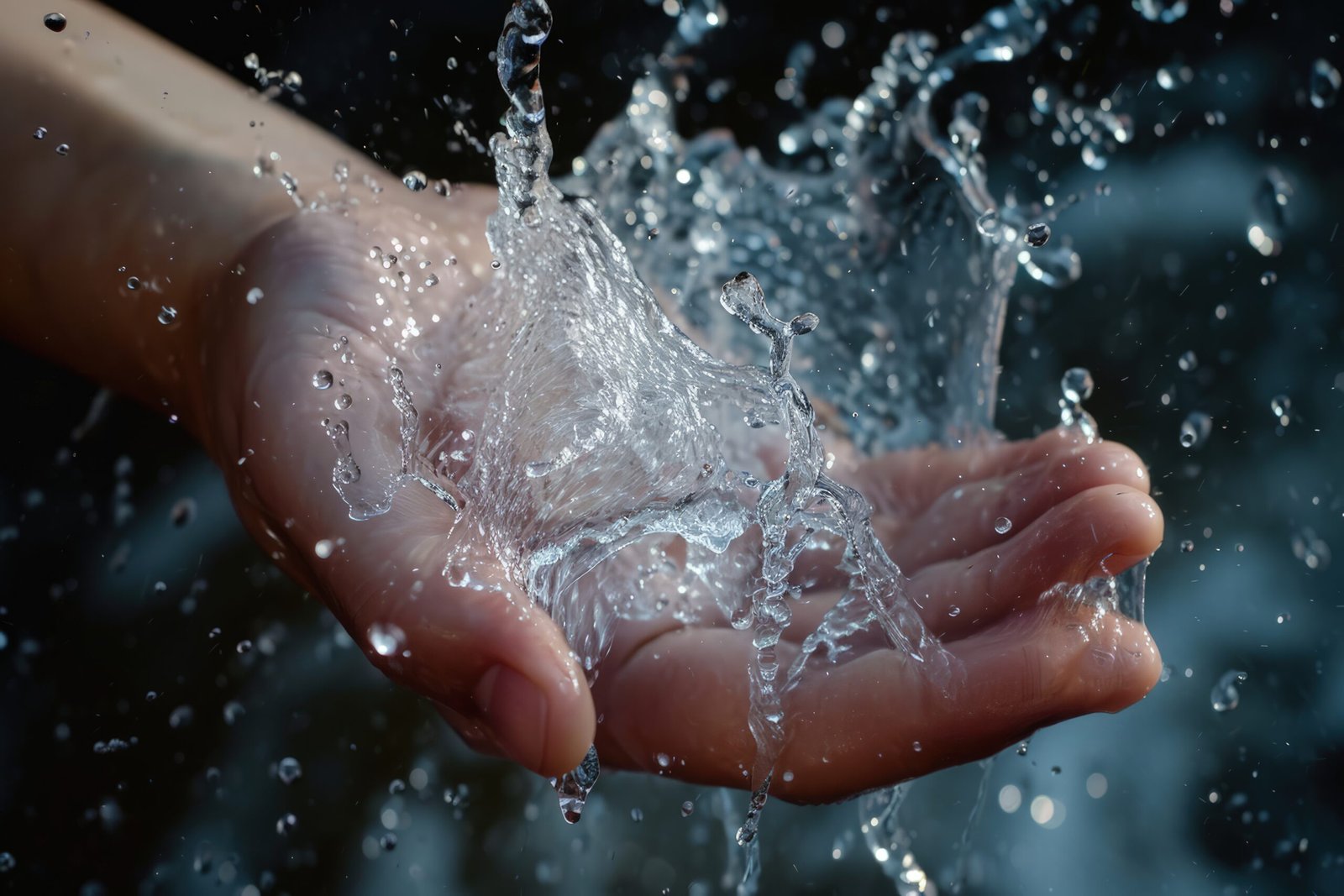 view realistic hand touching clear flowing water scaled